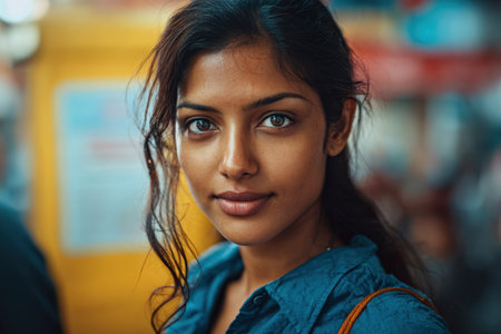 Street portrait of a woman in a blue shirt in a bright urban scene with colorful blurred backgroundの素材