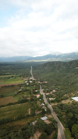 A road runs through a rural area with houses and trees. The sky is cloudy and the sun is not visibleの写真素材