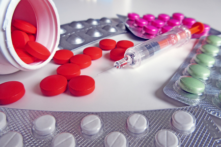 Pills and injection medicaments macro photoの写真素材