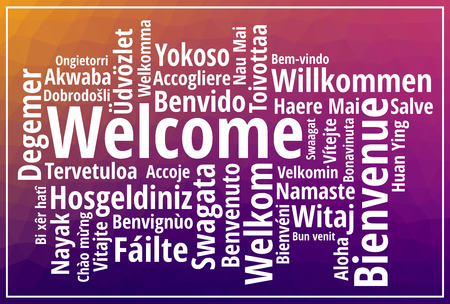Welcome sign wordcloud on purple low poly background vector illustrationのイラスト素材