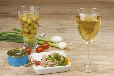 can of tuna a healthy meal with vegetables fast food preparationの写真素材