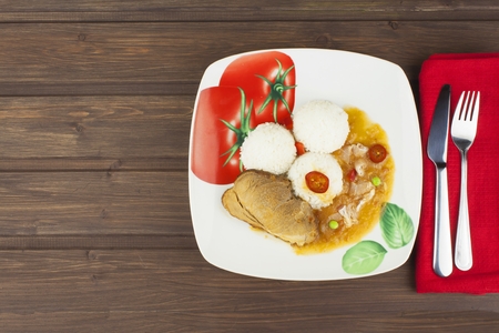 Slice roast pork with rice and sauce. Preparing homemade food. Delicious homecooked meal for one person.の写真素材