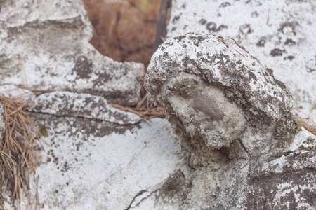 Detail of the face smashed historic statues. Torso of ancient statues. Lost sculpture. The effects of weathering on the artwork.の写真素材
