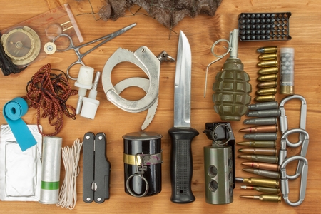 Weapons and Equipment secret agent. Preparing for a secret mission. Equipment terrorists.の写真素材