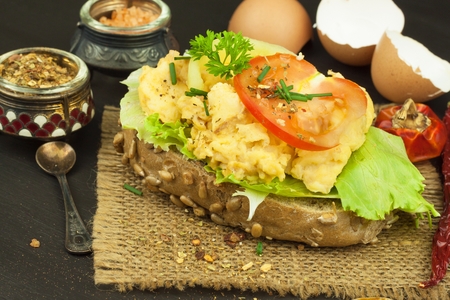 Fresh scrambled eggs on sunflower bread. Healthy food. Domestic food preparation. Eggs for a snack. Diet food. Toasted bread with scrambled eggs.の写真素材