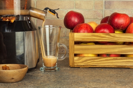 Domestic production of fresh apple juice. Fruit processing. Production of fruit drinks. Healthy lifestyle.の写真素材