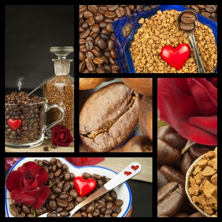 We love coffee. Coffee Collage. Advertising for the sale of coffee. Detailed views of Different types of coffee. Decorate store coffee.の写真素材