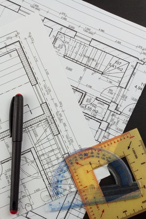 Plans of building. Architectural project. Floor plan designed building on the drawing.