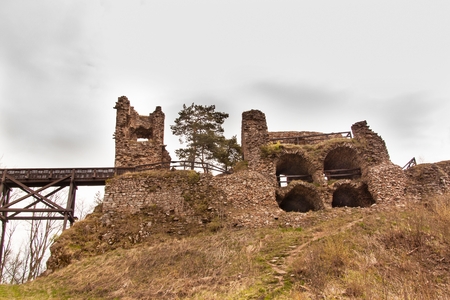 Zubstejn ruins of the castle built in the 13th century. It stands on a hill above the village Pivonice in Czech Republic. Overcast dayの写真素材