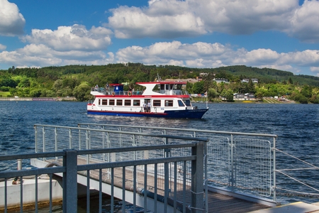 BRNO, CZECH REPUBLIC -27 MAY, 2017: Cruise ship at Brno dam. Vacation spot of inhabitants of Brno. Shipping at the dam was commenced in 1945のeditorial素材