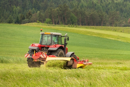 Work on an agricultural farm. A red tractor cuts a meadowの写真素材