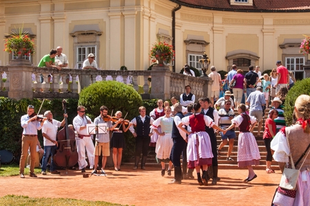 Buchlovice, Czech Republic, July 29, 2017: Baroque chateau Buchlovice, whose construction started before 1700. Opening of gardens on the occasion of traditional celebrations of the garlic harvest.のeditorial素材