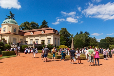 Buchlovice, Czech Republic, July 29, 2017: Baroque chateau Buchlovice, whose construction started before 1700. Opening of gardens on the occasion of traditional celebrations of the garlic harvest.のeditorial素材
