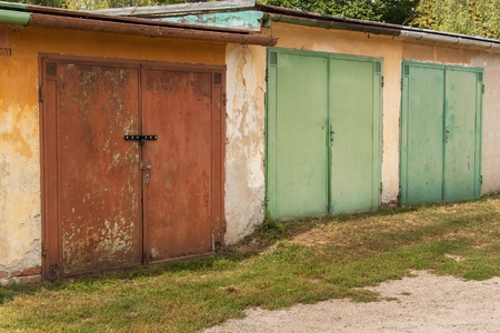 Old brick garage. Parking place for cars. Parking places in the old part of townの写真素材