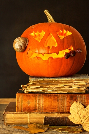 Halloween pumpkin and a book of spells. Carved pumpkin. Magic books. Traditional holidayの写真素材