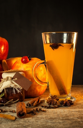 Hot apple drink. Traditional drink for winter eveningsの写真素材