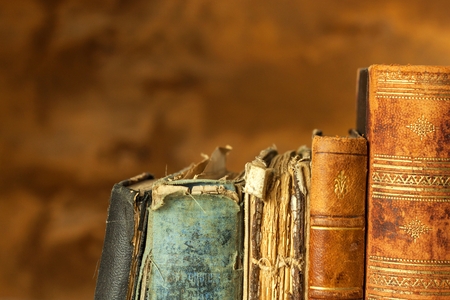 Old books on wooden shelf. Studying at the University from Old Books. Place for textの写真素材