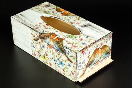 BRNO, CZECH REPUBLIC - 2 April, 2018: Products made by decoupage technique. Decoupage is a technique of decorating items of napkins. Decorated wooden boxのeditorial素材