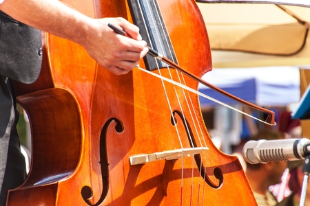 Detail of bass musical instrument. Artistic performances at folk festivals. Traditional musical instrumentの写真素材