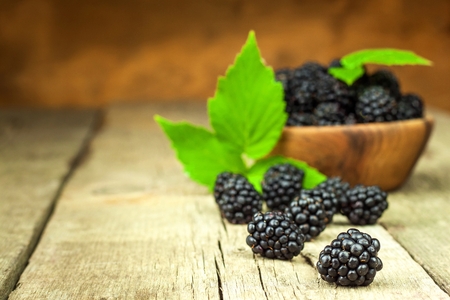 Fresh blackberries in a wooden bowl. Healthy forest fruits. Sales of blackberries. Healthy foodの写真素材