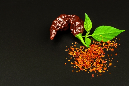 Chili pepper on black background. Space under the text. Extra hot chili pepper Nagy Bhut Jolokia Chocolate. Healthy spice. Sale Chiliの写真素材