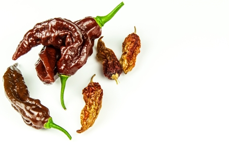 Chili pepper on white background. Space under the text. Extra hot chili pepper Nagy Bhut Jolokia Chocolate. Healthy spice. Sale Chiliの写真素材