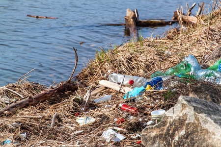 Plastic waste on lake shore in Czech Republic. Environmental pollution. Recycling of plastic waste.の写真素材