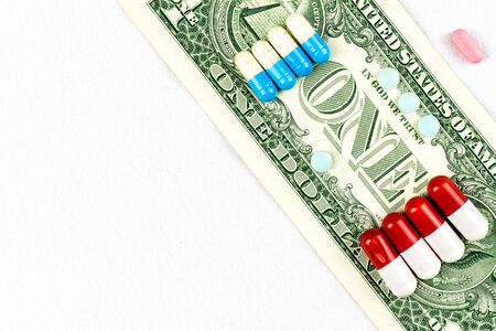 Financing of health care. Medicine, finance, health care and drug trafficking - medical pills or...