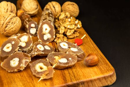 Churchkhela or Churchkela, the traditional Georgian homemade sweets with nuts. Sweet food. Traditional folk food.の写真素材
