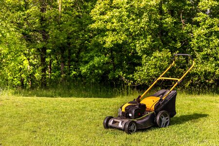 Lawn mower on green grass in garden near the forest. Machine for cutting lawns. Summer work on the farm.の写真素材