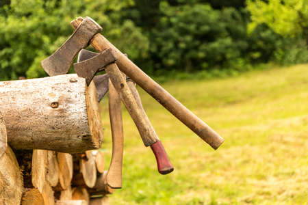 Old rusty axes stuck in a pine block. Lumberjack tools. Work in forest. Preparation of wood for heating.の写真素材