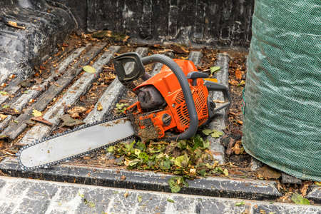 Chainsaw resting on a car. Lumberjack tools. Work in forest.
