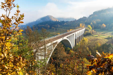 Railway bridge in autumn in the Czech Republic of the village Dolni Loucky. Train transport. Autumn foggy morning in the countryside.の写真素材
