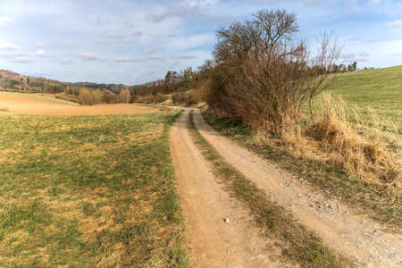 Small Dirt Road through Green Fields, Spring Landscape in Czech Republic - EU. Rural road through fields with green herbs and blue sky with cloudsの写真素材