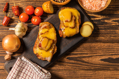Pork chop marinated in mustard sauce with bacon and cheese. Grilled meat with cheese. Portions of meat on the table.の写真素材