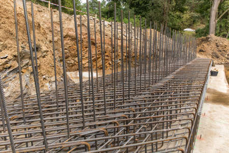 Steel reinforce in concrete.Steel grid on the construction site. Construction of a road bridge in the countryside in the Czech Republic near the village of Rikonin.の写真素材
