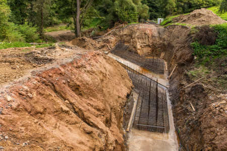 Steel reinforce in concrete.Steel grid on the construction site. Construction of a road bridge in the countryside in the Czech Republic near the village of Rikonin.の写真素材