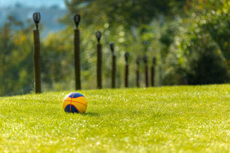 Basketball ball on the grass. Basketball ball waiting for children. Outdoor kids playground.の写真素材