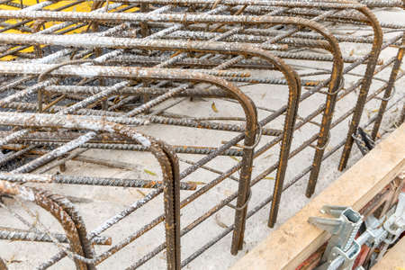 Construction site of a road bridge in the countryside in the Czech Republic near the village of Rikonin. Concrete structure. Reinforcing iron.の写真素材