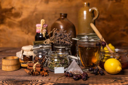 Herbal tea. Herbal harvest collection and bouquets of wild herbs. Alternative medicine. Natural pharmacy. Flu treatment.の写真素材