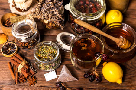 Herbal tea. Herbal harvest collection and bouquets of wild herbs. Alternative medicine. Natural pharmacy. Flu treatment.の写真素材