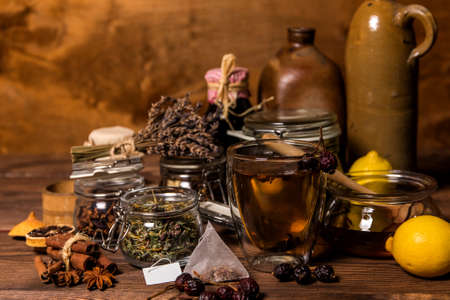 Herbal tea. Herbal harvest collection and bouquets of wild herbs. Alternative medicine. Natural pharmacy. Flu treatment.の写真素材
