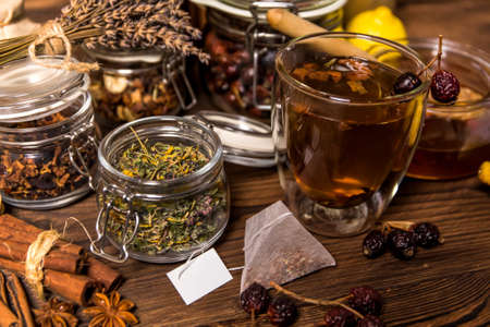 Herbal tea. Herbal harvest collection and bouquets of wild herbs. Alternative medicine. Natural pharmacy. Flu treatment.の写真素材