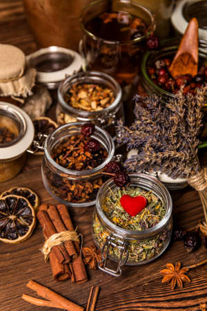 Herbal tea. Herbal harvest collection and bouquets of wild herbs. Alternative medicine. Natural pharmacy. Flu treatment.の写真素材