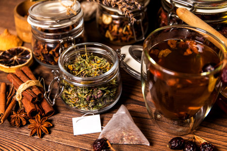 Herbal tea. Herbal harvest collection and bouquets of wild herbs. Alternative medicine. Natural pharmacy. Flu treatment.の写真素材