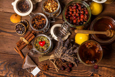 Herbal tea. Herbal harvest collection and bouquets of wild herbs. Alternative medicine. Natural pharmacy. Flu treatment.の写真素材