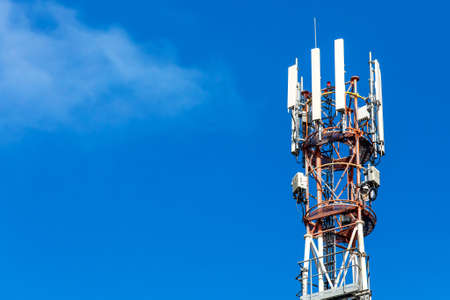 Telecommunication tower of 4G and 5G cellular. Cell Site Base Station. Wireless Communication Antenna Transmitter. Green deal.の写真素材