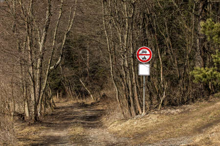 road sign no entry on access forest road in Czech Republic. no entry into the forest. Private forest pathの写真素材