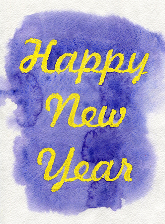 New Year. Yellow lettering made by wax crayons on the violet watercolor background.の写真素材