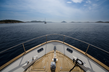 Wide angle shot of front of the yacht in summer timeの写真素材